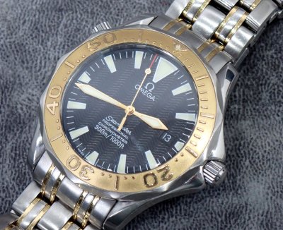 18金コンビ！41mm 磨き済 美品 オメガ シーマスター 2455.50 K18YG 300m 黒文字盤 メンズ 自動巻 時計