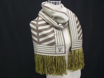 1円 ■極美品■ LOUIS VUITTON ルイヴィトン カラコラム ウール×シルク フリンジ マフラー ストール ショール グレージュ系 FP2936