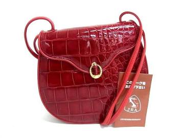 1円 ■極上■本物■JRA公認■美品■ クロコダイル クロスボディ ショルダーバッグ 斜め掛け ポシェット レディース レッド系 BS1250