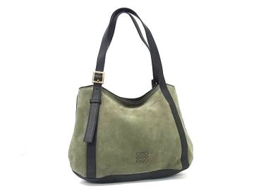 1円 ■美品■ LOEWE ロエベ アナグラム レザー ハンドバッグ トート ショルダー 肩掛け レディース メンズ カーキ系×ブラック系 FU3301