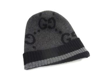 1円 ■極美品■ GUCCI グッチ GG柄 カシミヤ100% ニット帽 帽子 表記サイズM(58cm) メンズ レディース ブラック系×グレー系 FU4673