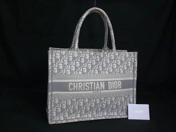 1円 ChristianDior クリスチャンディオール トロッター ブックトート ミディアム キャンバス ハンドバッグ グレー系×アイボリー系 BM9894
