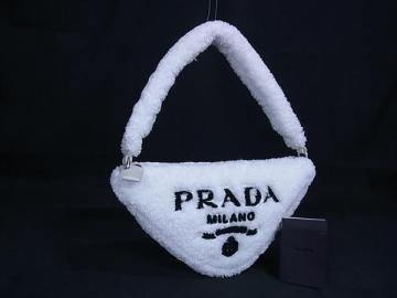 1円 ■極美品■ PRADA プラダ テリー トライアングル パイル ワンハンドル ハンドバッグ レディース ホワイト系&times;ブラック系 FQ3402