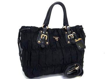 1円 PRADA プラダ テスートナイロン&times;レザー ギャザー 2WAY クロスボディ ハンドバッグ トート ショルダー 斜め掛け ブラック系 FU8366