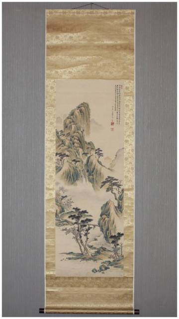 「真作」　豊後南画家・【田能村直入】　青緑連雲起巌図　掛軸　幕末明治期・文人画家・中国絵画・田能村竹田師事