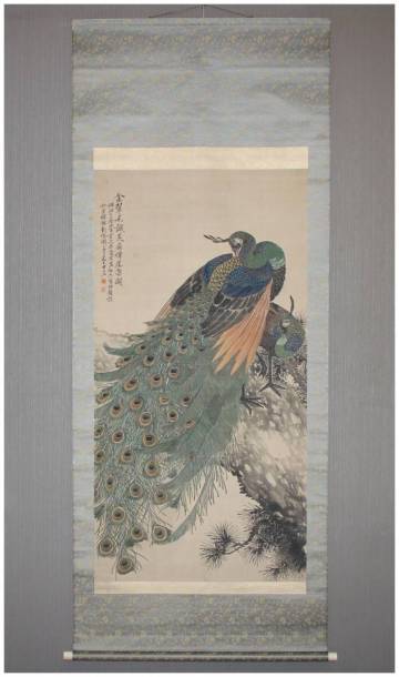 「真作」　豊後南画・【田能村小篁】　彩色・松樹孔雀之図　大幅　掛軸　明治期・文人画家・中国絵画・田能村直入の孫