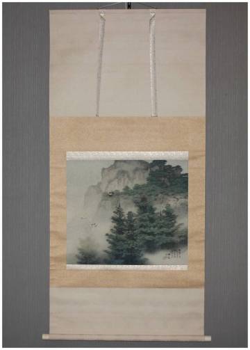 「真作」　愛知画家・【白井烟嵓】　青緑風来暁鐘図　横幅　掛軸　共箱・二重箱　大正昭和期・南画家・松林桂月師事