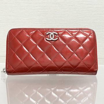 CHANEL シャネル エナメル 長財布 ラウンドファスナー ブリリアント マトラッセ レッド レディース ブランド 財布 中古品