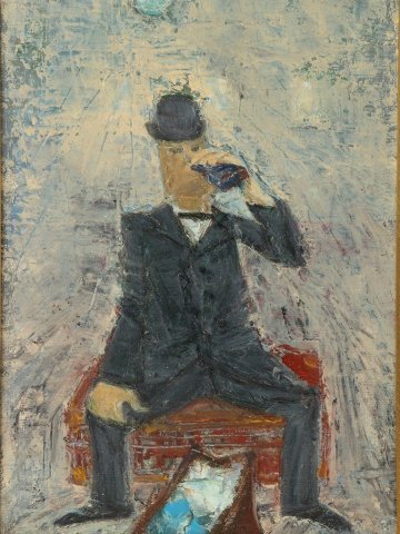 名作◆◇西村功｜NISHIMURA Isao( 大阪-兵庫, 1923-2003)「ウイスキーをのむ人」肉筆油絵 SM号 額装 コレクター様より委託出品◇◆GY1422