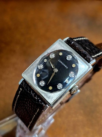 【TY008】LONGINES ロンジン 10KGF スクエアケース Cal.370 ブラックダイヤル 宝飾インデックス 手巻き 腕時計 《美品 稼働品》 