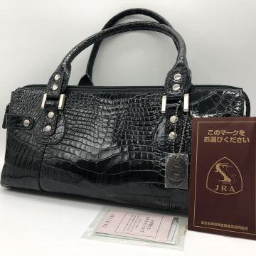 リアルクロコダイル ハンドバッグ シャイニング加工 JRA認定 ブラック センター取り ワニ革 鰐革 エキゾチックレザー レディース 鞄