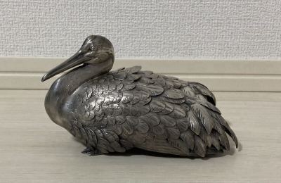 希少！名工！津雪 銀900 鶴 香炉 銀香炉 置物 総重量589.5g 純銀 シルバー 銀製 在銘 茶道具 煎茶道具 古美術 時代物 作 造 金工師 