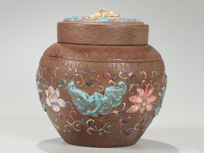 【安】清時代 龍紋底款 彩絵花卉福紋茶葉罐 茶筒 茶入 宜興紫砂 極細工 茶道具 中国古美術 時代物 古董品 214