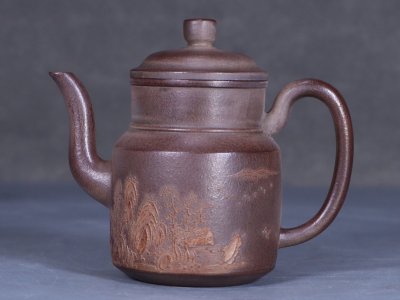 【安】清時代 片聞堂底款 泥絵山水風景紋茶壺 宜興紫砂 常滑 朱泥急須 煎茶道具 茶壷 古董品 時代物 267