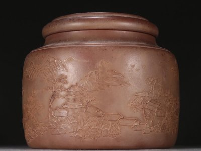 【安】清時代 楊季初銘 山水風景紋茶葉罐 茶筒 茶入 宜興紫砂 極細工 茶道具 中国古美術 時代物 古董品 326