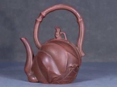 【安】清時代 元茂銘 荷蓮提梁茶壺 宜興紫砂 常滑 朱泥急須 煎茶道具 茶壷 古董品 時代物 330