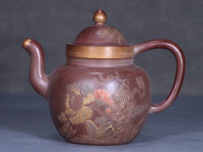 【安】清時代 雍正年製 泥絵施彩描金花鳥紋茶壺 宜興紫砂 常滑 朱泥急須 煎茶道具 茶壷 古董品 時代物 331