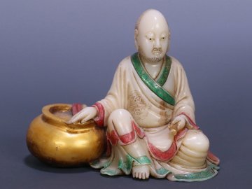 【安】清時代 寿山石彫 施砿物彩 描金羅漢置物 共箱 極細工 古擺件 中国古美術 古美味 時代物 281