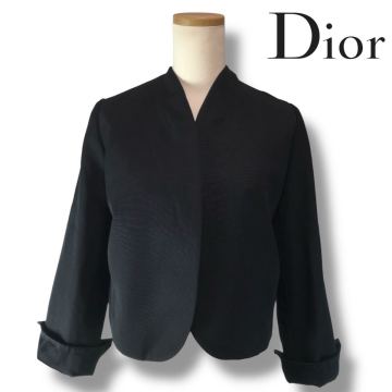 e65 Vintage Christian Dior ディオール フォーマル ジャケット ノーカラー ブラック M ウール50% レディース ビジネス アウター 正規品