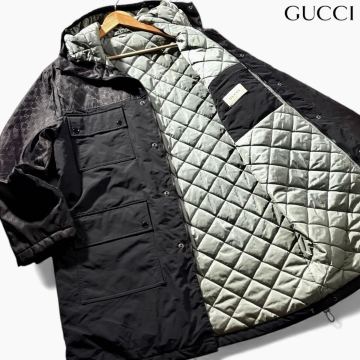 未使用級/XLサイズ相当●最高級 GUCCI グッチ 中綿キルティング フード コート ジャケット アウター GG柄 総柄 切替 ロング丈 黒 近年タグ