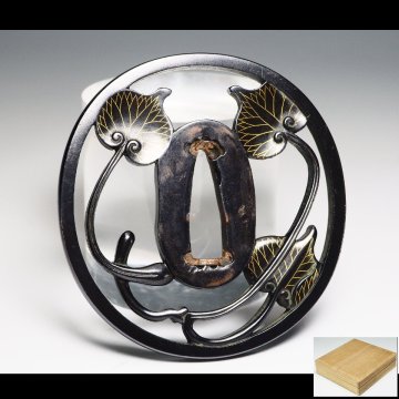 【治】時代刀装具 銅地 銀象嵌 葵透 鍔☆箱付 (検索:武具 鍔 金具 彫金 日本刀 脇差 太刀 刀 刀剣 短刀 目貫 柄 拵え 縁頭 徳川 ) BCE011