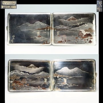 【治】『秋石』刻 純銀製(sterling) 銅象嵌 両面山水風景彫 煙草入☆(検索:彫金 明治金工 煙草ケース シガレットケース)BCE061