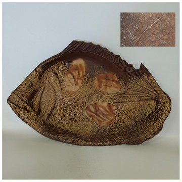 【萬】備前焼　西山寛山　ヒラメ大皿　横約55cm　魚　形皿　魚皿　在銘