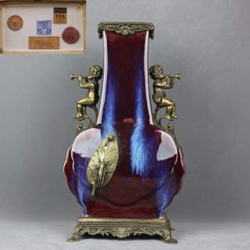 ▼渡鶴羽▼E7399清時代 窯変釉象嵌銅天使奏樂双耳扁瓶・古陶磁器 ・珍品旧蔵・古賞物・時代物