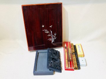 kab06▼書道具セット 硯 すずり 墨 筆 文鎮 龍池硯 松鶴製 書道用品 文房具 ケース付▼