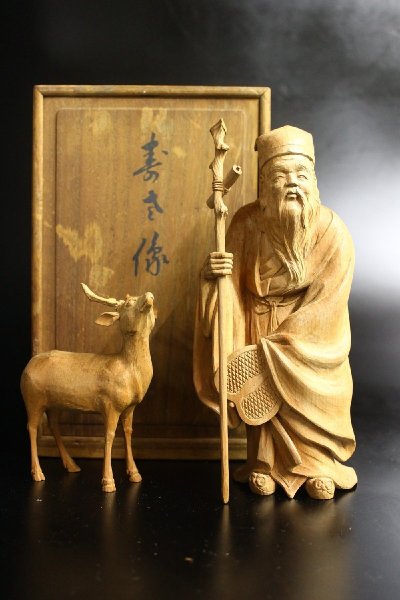 【江】名工 平井汲哉刻 木彫寿老人鹿置物 高さ21㎝ 在銘 共箱 古美術品(七福神縁起物オブジェ)X2029 CTDBryyo