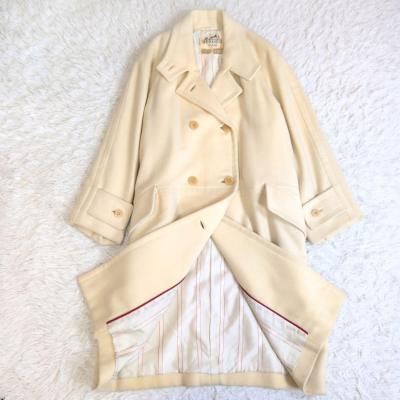 【希少】HERMES エルメス カシミヤ ダブルブレスト ロングコート 38 M相当 ロゴボタン チェスターコート 裏地総柄 ストライプ ヴィンテージ