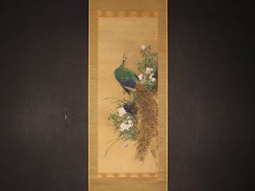 【模写】【伝来】kj1063〈岡本秋暉〉孔雀図 武藤信義付属紙有 二重箱 渡辺崋山師事 江戸時代後期 東京の人