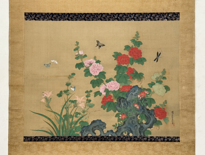 【真作 江戸動物画】掛軸「狩野晴川院 葵飛虫図 大幅」江戸後期 狩野派 江戸幕府奥絵師 木挽町狩野家九代 公用日記 絵画