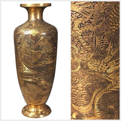 煌く明治期　細密総金象楼閣風景龍図花瓶　駒井系　細密埋め尽くし凝縮優品　良き金色　時代もの本物保証