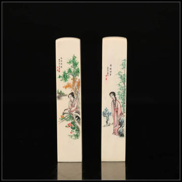 久1366 唐物 東洋彫刻 漢詩美人画 方印材 印章 2点 一対 高7.4㎝ 幅1.45㎝ 住51g 箱付S