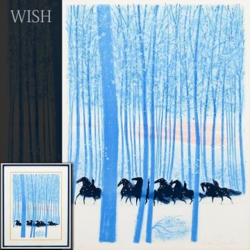 【真作】【WISH】アンドレ・ブラジリエ Andre Brasilier「青い森」リトグラフ 約15号 大作 直筆サイン 　　〇フランス人気画家 #25103661