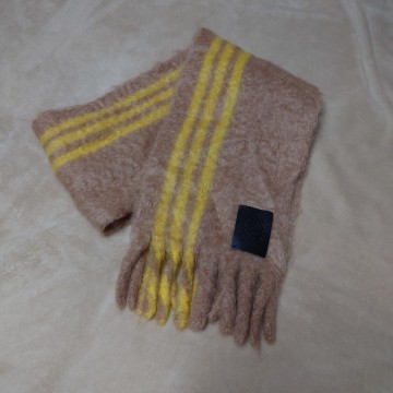 正規品 LOEWE モヘア ウール マフラー ロゴパッチ ベージュ イエロー ストライプ フリンジ ストール ロエベ