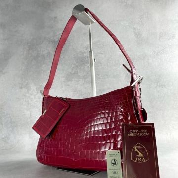 未使用保管品 EAGLE JRA認定 シャイニング加工 クロコダイル ワンショルダーバッグ 2way レッド 赤 リアルクロコ ワニ革 カードケース付き