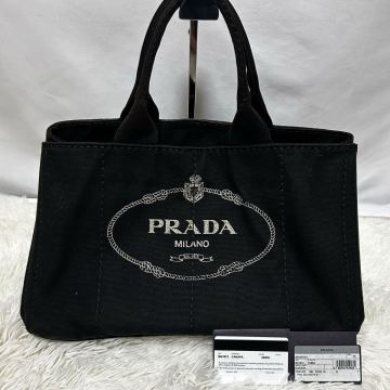 1円 ギャランティカード付き PRADA プラダ ハンドバッグ カナパ ブラック キャンバス 黒 トートバッグ 三角ロゴ 白タグ A4収納可能 ロゴ入