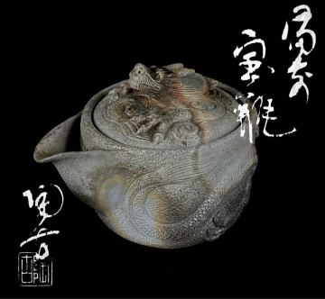 煎茶道具 備前焼 名工 小西陶古 雲龍細工 龍摘 宝瓶 急須 茶器 手造宝瓶 共箱 （4b101411 5）