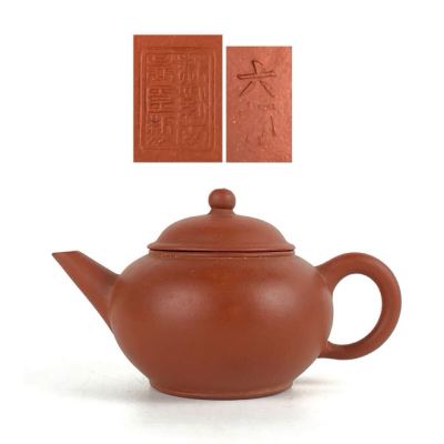 煎茶道具 唐物 「荊渓南孟臣製」 底款 「六杯」 蓋裏印 朱泥 紫砂 急須 茶壷 中国古玩 時代品