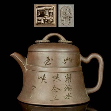 煎茶道具 唐物 朱泥 漢詩彫 急須 茶壷 在銘 大軒 蓋裏印 遊環摘 紫泥 紫砂 中国古玩 時代品 【6b10235 5】