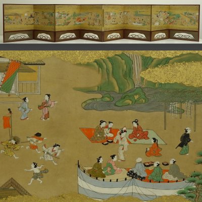 【古画】喜聞「十二ヶ月風俗画屏風 (小型屏風)」　八曲一隻 古筆 古文書 古書 日本画 江戸絵画 肉筆浮世絵 美人画 町衆 茶道 京都 江戸前期