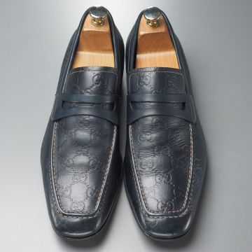 GS5024//イタリア製*グッチ/GUCCI*メンズ42EJ/グッチシマ/GG柄/コインローファー/レザースリッポン/革靴/紺/ネイビー