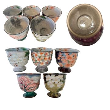 陶あん 色絵付け 幽玄桜シリーズ ゴブレット 京焼 酒器 茶道具 金彩 清水焼 陶器 茶碗 花絵 まとめ売5点 茶道具 懐石 古美術 骨董品 時代物