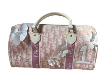 1円 ChristianDior クリスチャンディオール トロッター キャンバス×パテントレザー フラワー ハンドバッグ ピンク系 