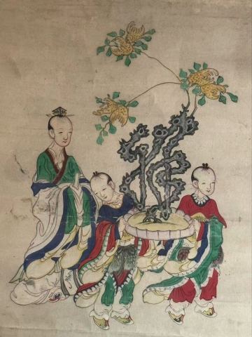 無落款 古画 唐子 時代物 中国画 日本画 朝鮮美術 額装 書画 仏画 美術品