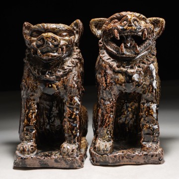 PP247. 古美術 飴釉 狛犬 一対 高さ31cm 30cm / 陶器陶芸時代置物縁起物