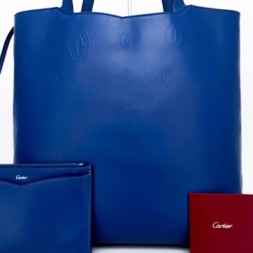 1円■幻の逸品■超希少デザイン 型崩れ無し 希少色 Cartier カルティエ ポーチ トートバッグ ビジネス A4 メンズ レディース レザー ブルー