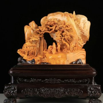 ■観心・時代旧蔵■R8999寿山田黄石 松下雅聚 田黄石細密彫 古賞石 古賞物 擺件 天然賞石置物